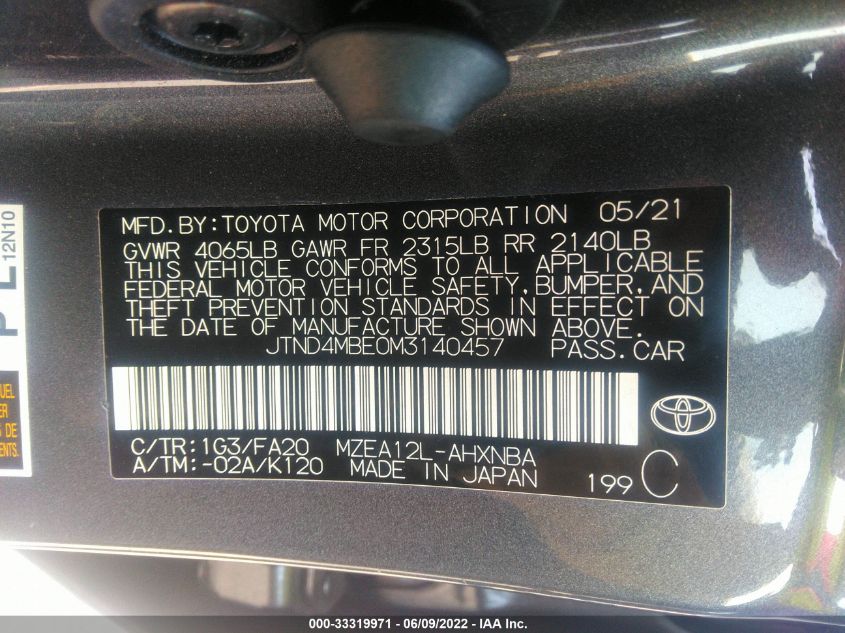 2021 TOYOTA COROLLA HATCHBACK SE/XSE/NIGHTSHADE JTND4MBE0M3140457