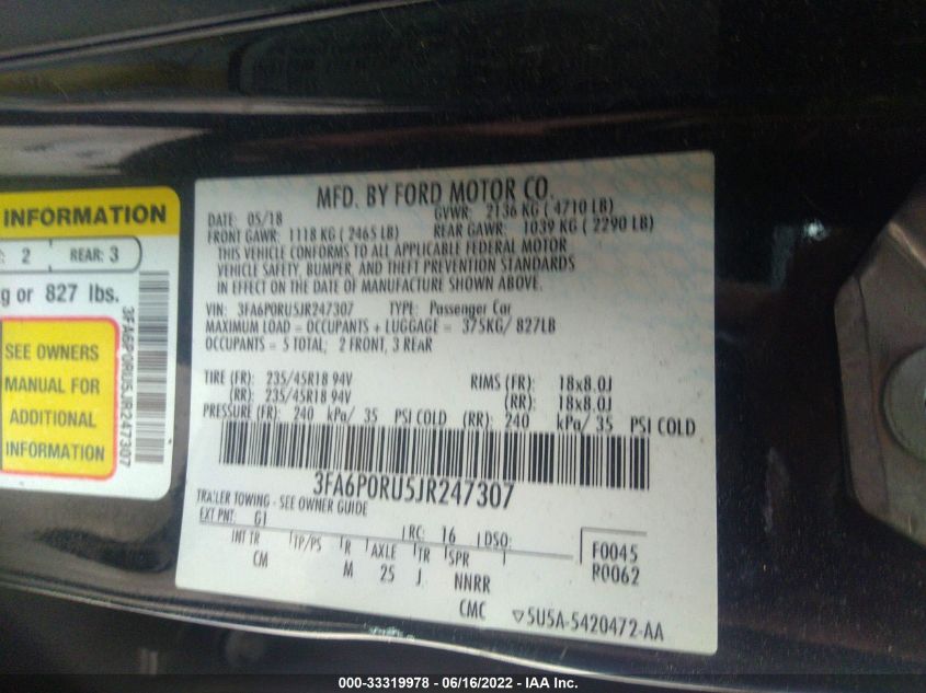 2018 FORD FUSION HYBRID TITANIUM/PLATINUM 3FA6P0RU5JR247307
