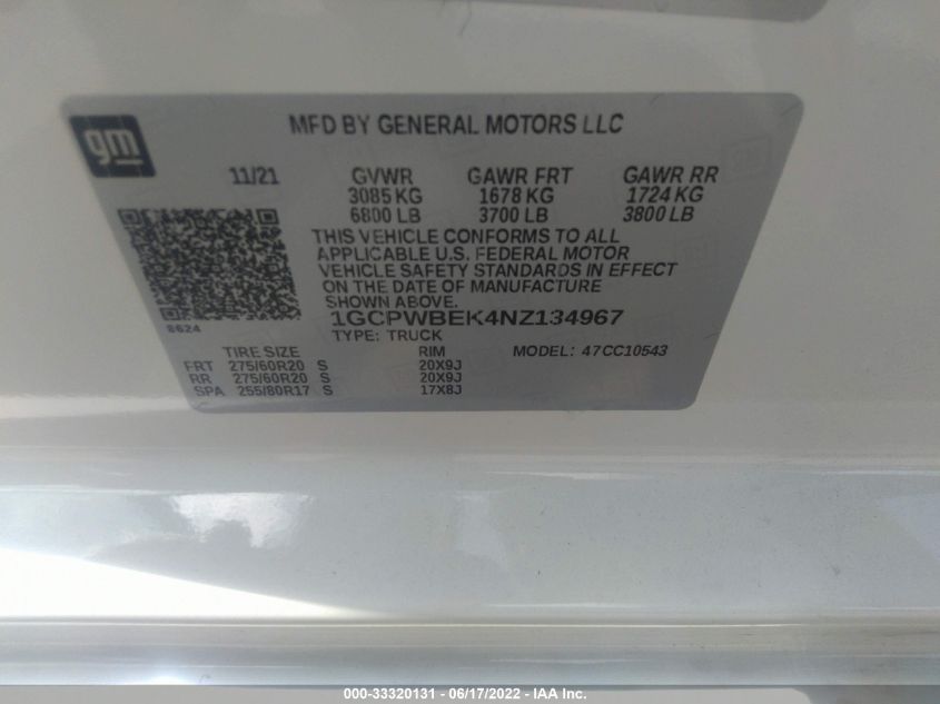 2022 CHEVROLET SILVERADO 1500 LTD CUSTOM 1GCPWBEK4NZ134967