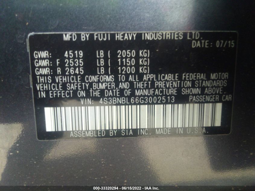2016 SUBARU LEGACY 2.5I LIMITED 4S3BNBL66G3002513