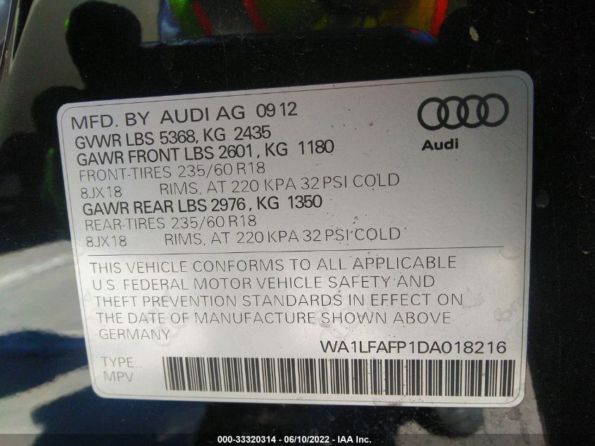 2013 AUDI Q5 PREMIUM PLUS WA1LFAFP1DA018216
