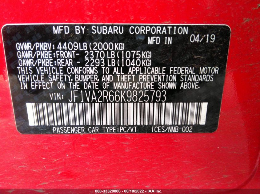 2019 SUBARU WRX STI JF1VA2R66K9825793