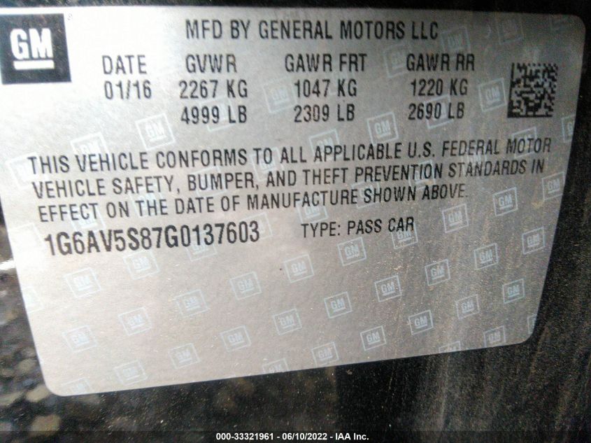 2016 CADILLAC CTS SEDAN V-SPORT PREMIUM RWD 1G6AV5S87G0137603
