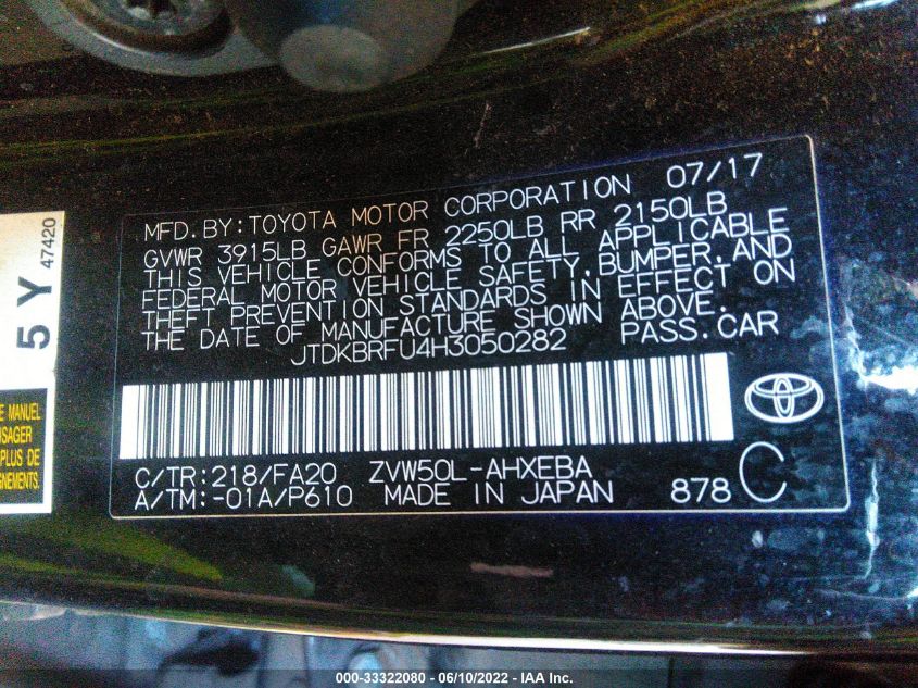 2017 TOYOTA PRIUS TWO/TWO ECO/THREE JTDKBRFU4H3050282