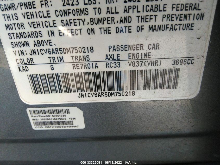 2013 INFINITI G37 SEDAN X JN1CV6AR5DM750218
