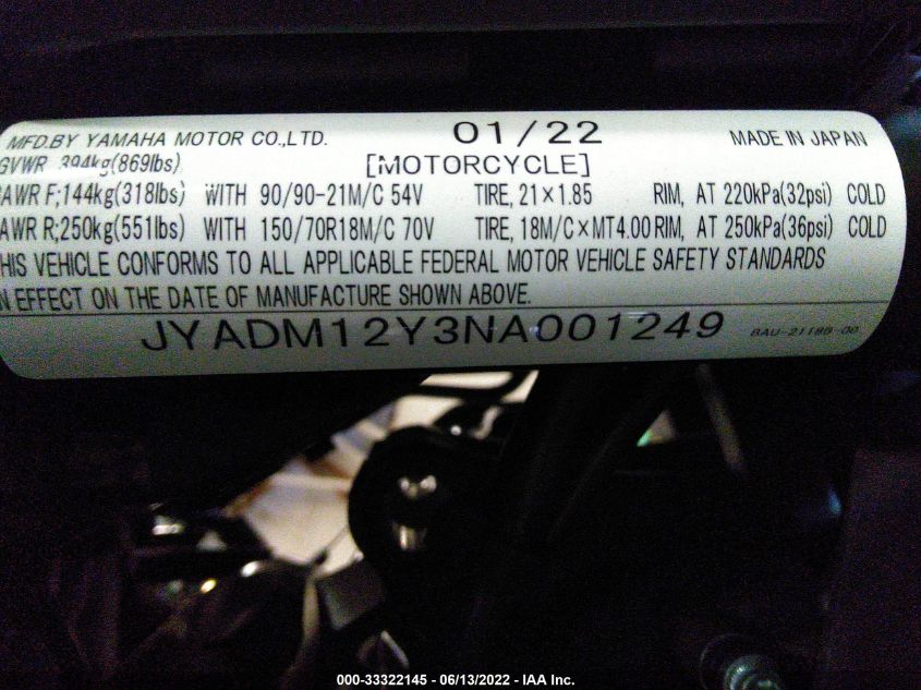 2022 YAMAHA XTZ690 JYADM12Y3NA001249