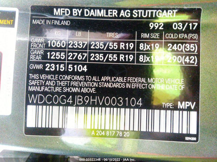 2017 MERCEDES-BENZ GLC GLC 300 WDC0G4JB9HV003104
