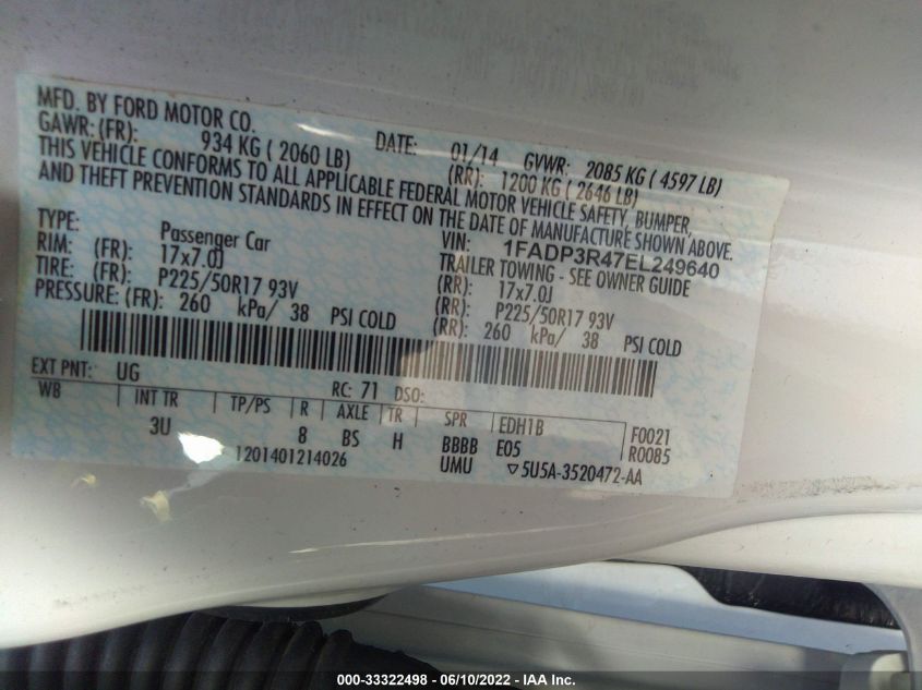 2014 FORD FOCUS ELECTRIC 1FADP3R47EL249640