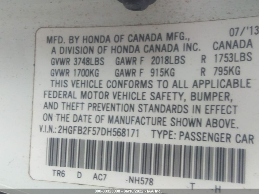2013 HONDA CIVIC SDN LX 2HGFB2F57DH568171