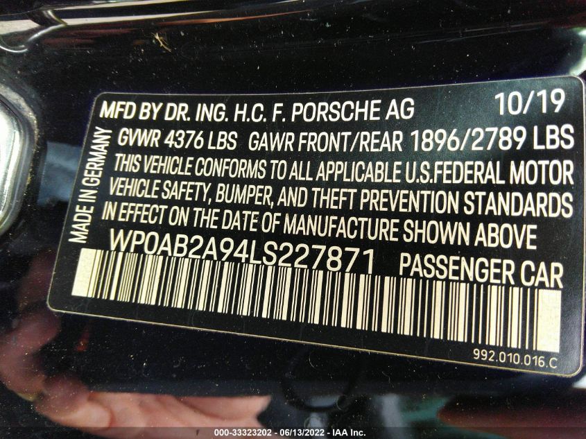 2020 PORSCHE 911 CARRERA WP0AB2A94LS227871