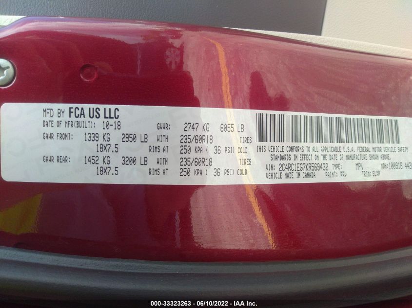 2019 CHRYSLER PACIFICA TOURING L PLUS 2C4RC1EG7KR569432