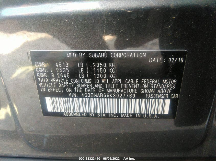 2019 SUBARU LEGACY 4S3BNAB66K3027769