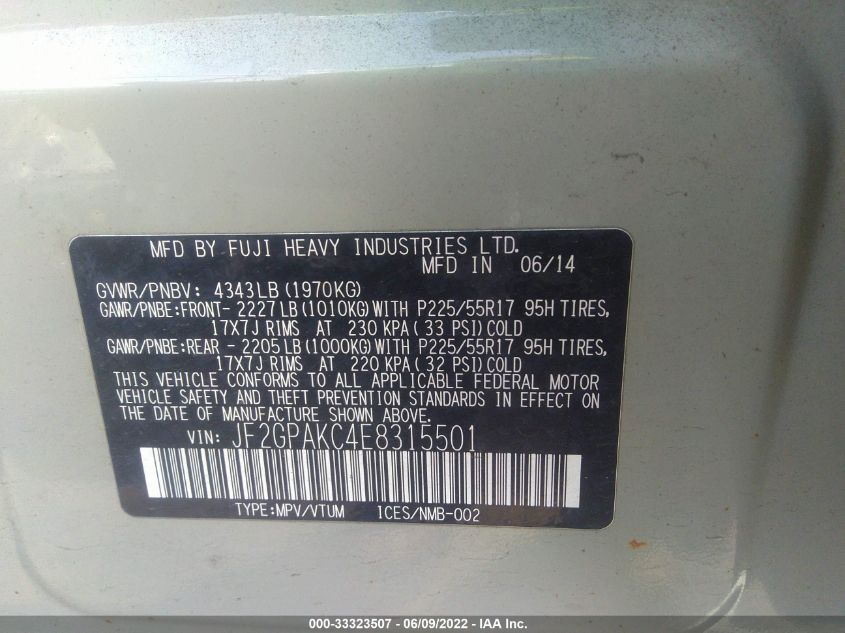 2014 SUBARU XV CROSSTREK LIMITED JF2GPAKC4E8315501