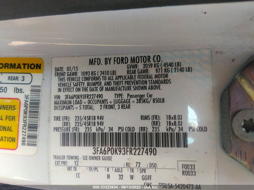 2015 FORD FUSION VIN: 3FA6P0K93FR227490