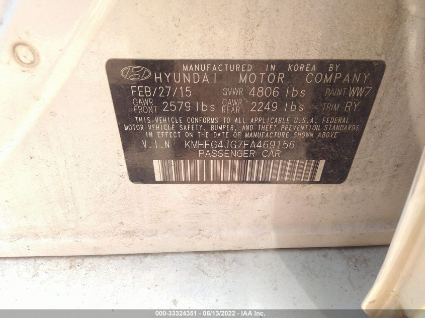 2015 HYUNDAI AZERA KMHFG4JG7FA469156