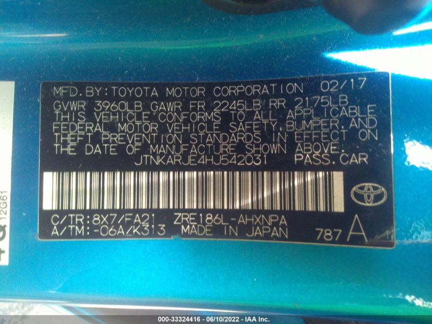 2017 TOYOTA COROLLA IM JTNKARJE4HJ542031