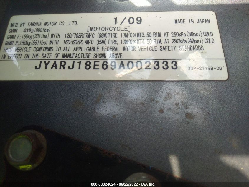 2009 YAMAHA FZ6 R JYARJ18E69A002333