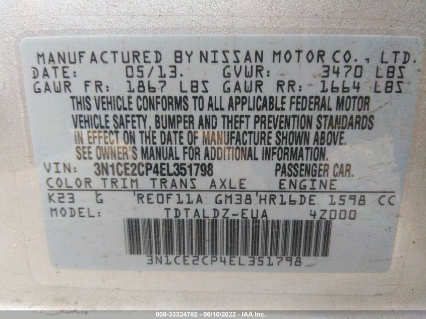 2014 NISSAN VERSA NOTE SV 3N1CE2CP4EL351798