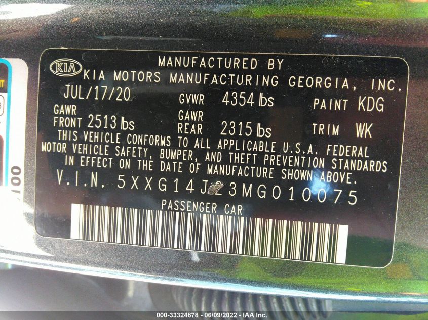 2021 KIA K5 LXS 5XXG14J23MG010075