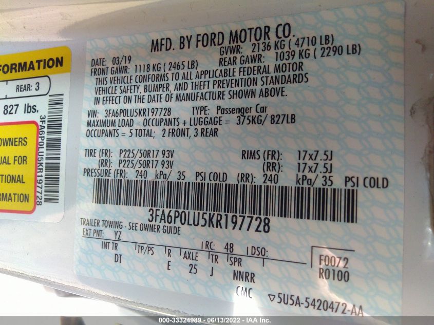 2019 FORD FUSION HYBRID SE 3FA6P0LU5KR197728