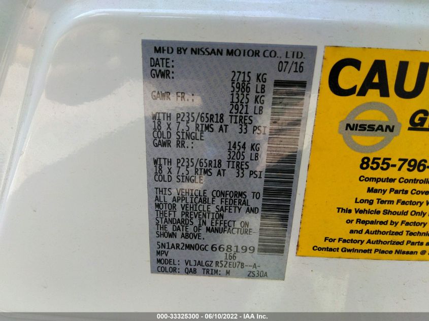 2016 NISSAN PATHFINDER SL 5N1AR2MN0GC668199