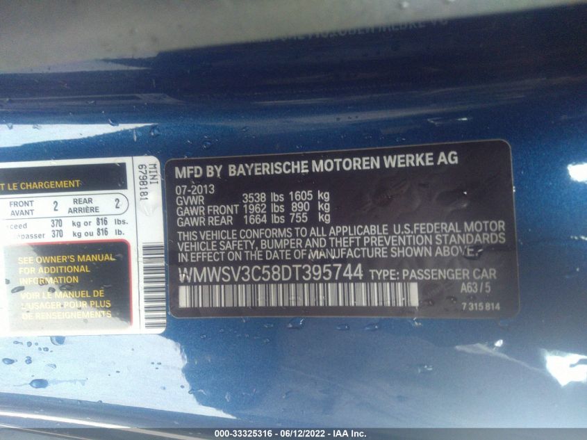 2013 MINI COOPER HARDTOP S WMWSV3C58DT395744