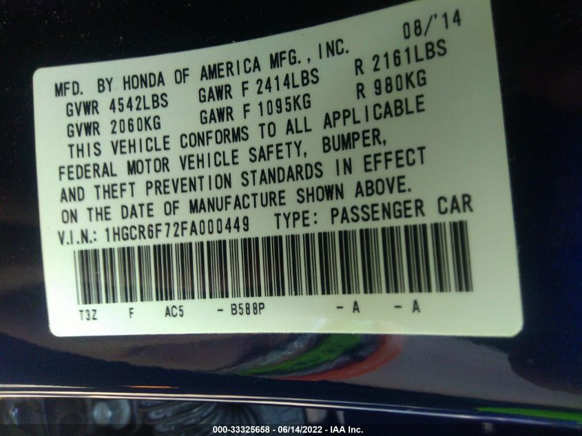 2015 HONDA ACCORD HYBRID TOURING 1HGCR6F72FA000449