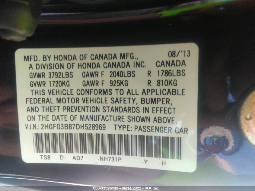 2013 HONDA CIVIC CPE EX 2HGFG3B87DH528969