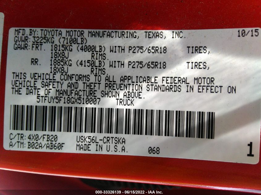 2016 TOYOTA TUNDRA 4WD TRUCK SR/SR5/TRD PRO 5TFUY5F18GX510007