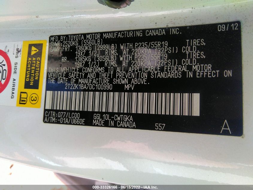 2013 LEXUS RX 350 2T2ZK1BA7DC100990