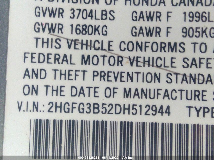 2013 HONDA CIVIC CPE LX 2HGFG3B52DH512944