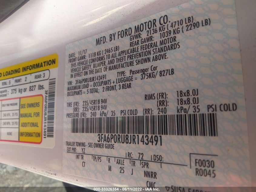 2018 FORD FUSION HYBRID TITANIUM/PLATINUM 3FA6P0RU8JR143491