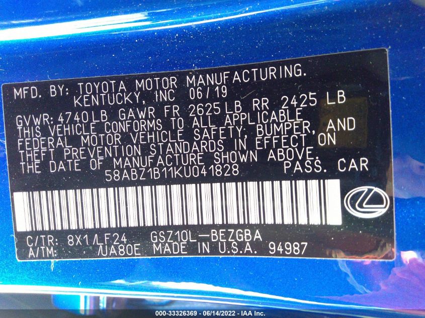 2019 LEXUS ES ES 350 58ABZ1B11KU041828