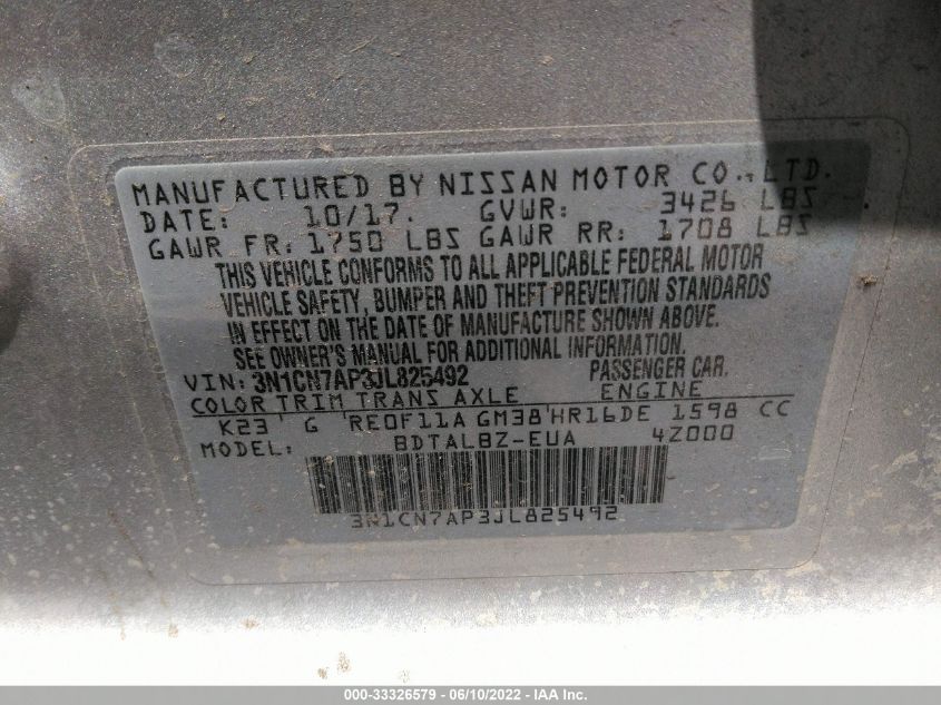 2018 NISSAN VERSA SEDAN SV 3N1CN7AP3JL825492