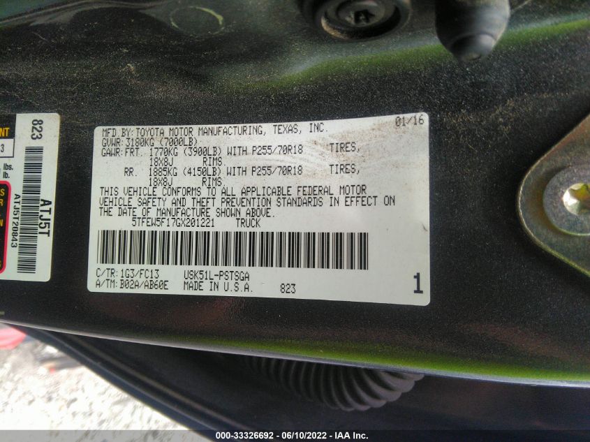 2016 TOYOTA TUNDRA 2WD TRUCK SR5 5TFEW5F17GX201221