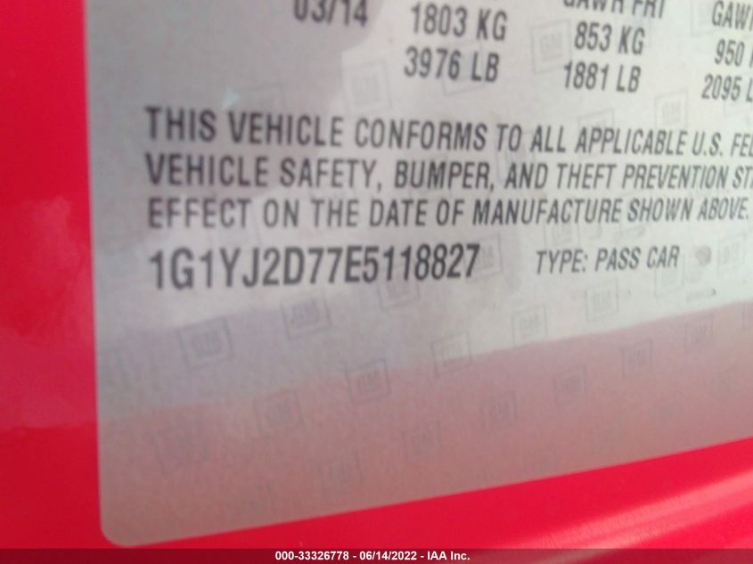 2014 CHEVROLET CORVETTE STINGRAY STINGRAY/2LT/Z51 1G1YJ2D77E5118827