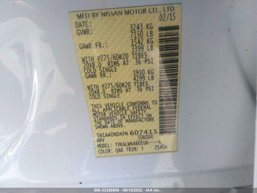 2015 NISSAN ARMADA PLATINUM 5N1AA0NDXFN607415