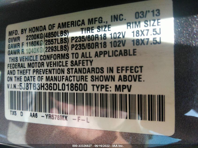 2013 ACURA RDX 5J8TB3H36DL018600