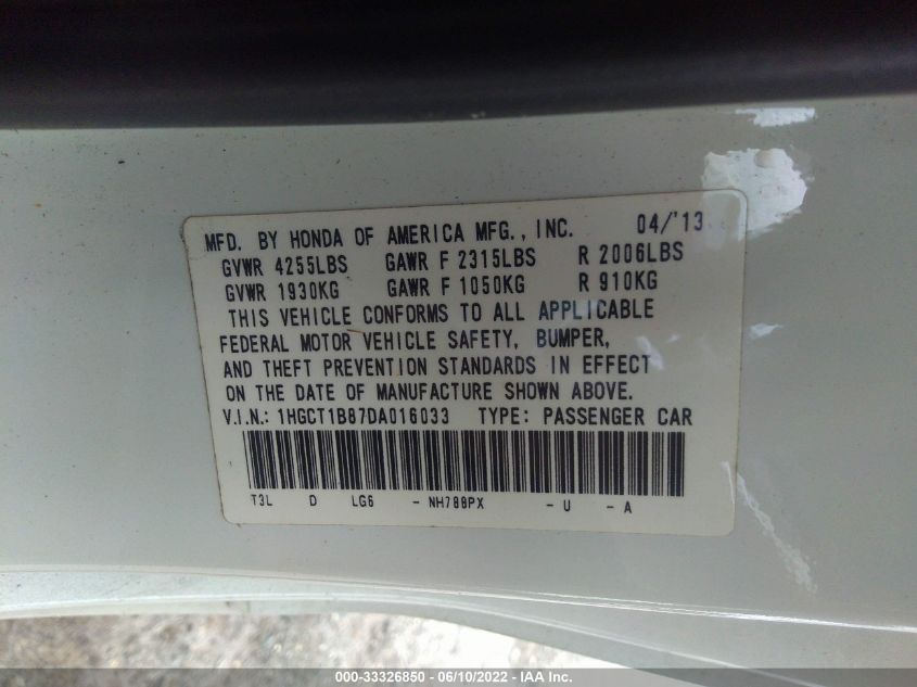 2013 HONDA ACCORD CPE EX-L 1HGCT1B87DA016033