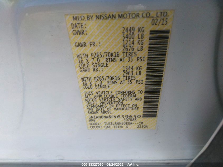 2015 NISSAN XTERRA S 5N1AN0NW8FN659650