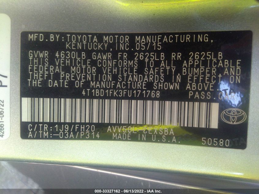 2015 TOYOTA CAMRY HYBRID SE 4T1BD1FK3FU171768