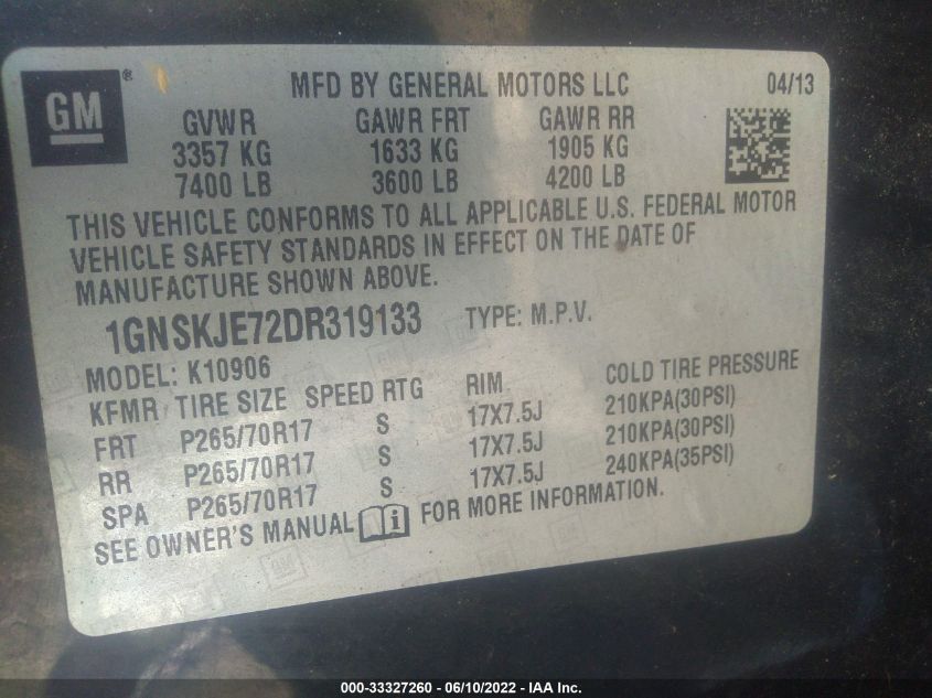 2013 CHEVROLET SUBURBAN LT 1GNSKJE72DR319133