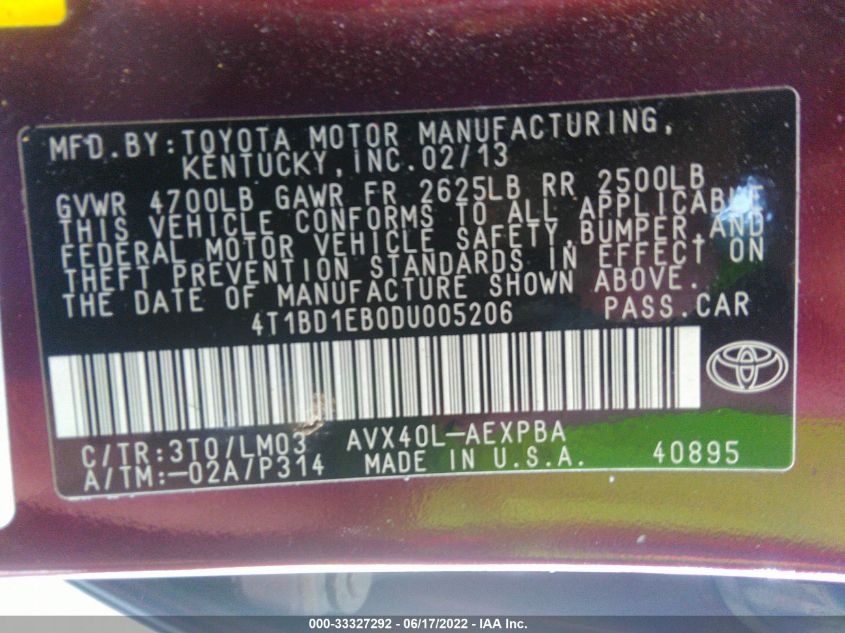 2013 TOYOTA AVALON HYBRID HYBRID/PREM/TOUR/LTD 4T1BD1EB0DU005206
