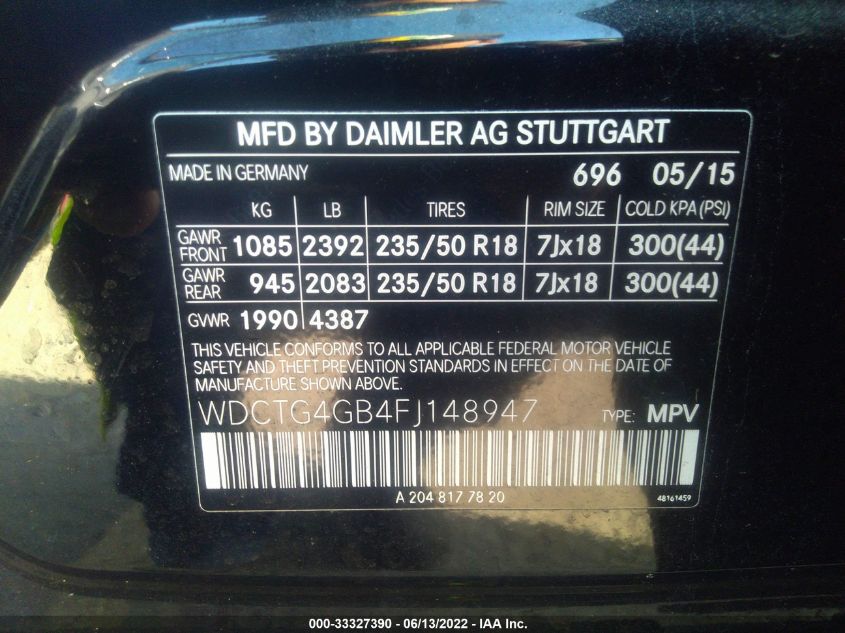 2015 MERCEDES-BENZ GLA-CLASS 250 4MATIC WDCTG4GB4FJ148947