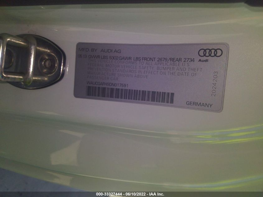 2013 AUDI S5 PREMIUM PLUS WAUCGAFH9DN017591