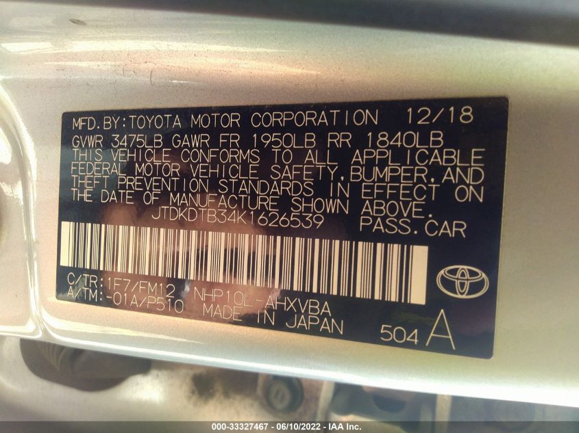2019 TOYOTA PRIUS C L/LE JTDKDTB34K1626539