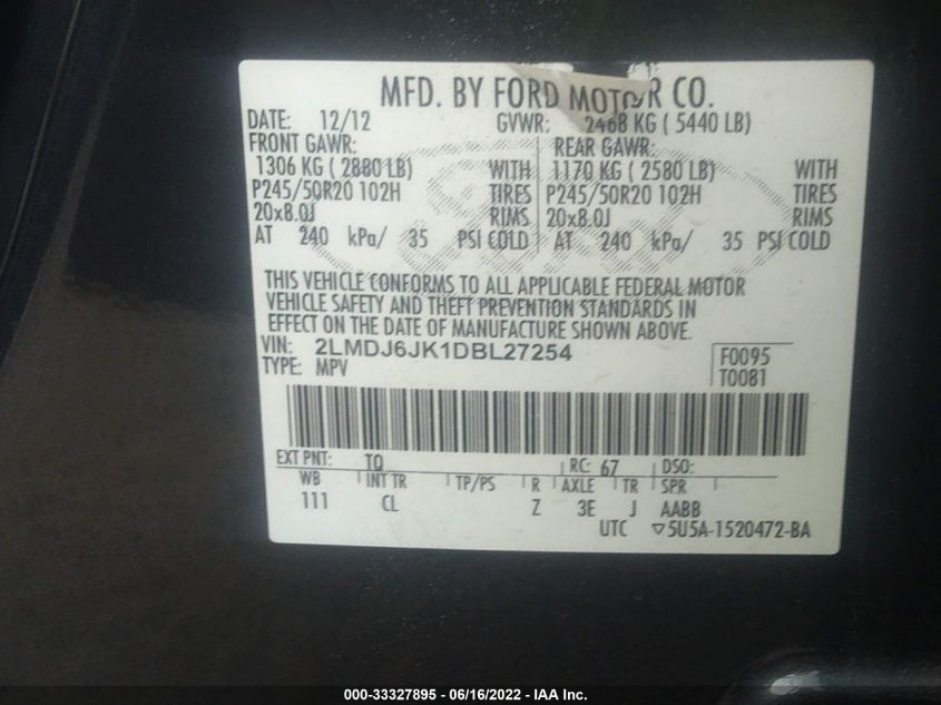 2013 LINCOLN MKX 2LMDJ6JK1DBL27254