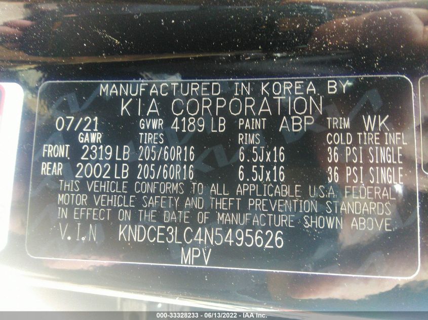 2022 KIA NIRO EX PREMIUM KNDCE3LC4N5495626
