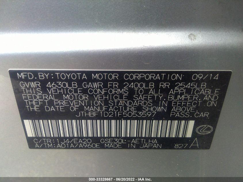 2015 LEXUS IS 250 JTHBF1D21F5053597