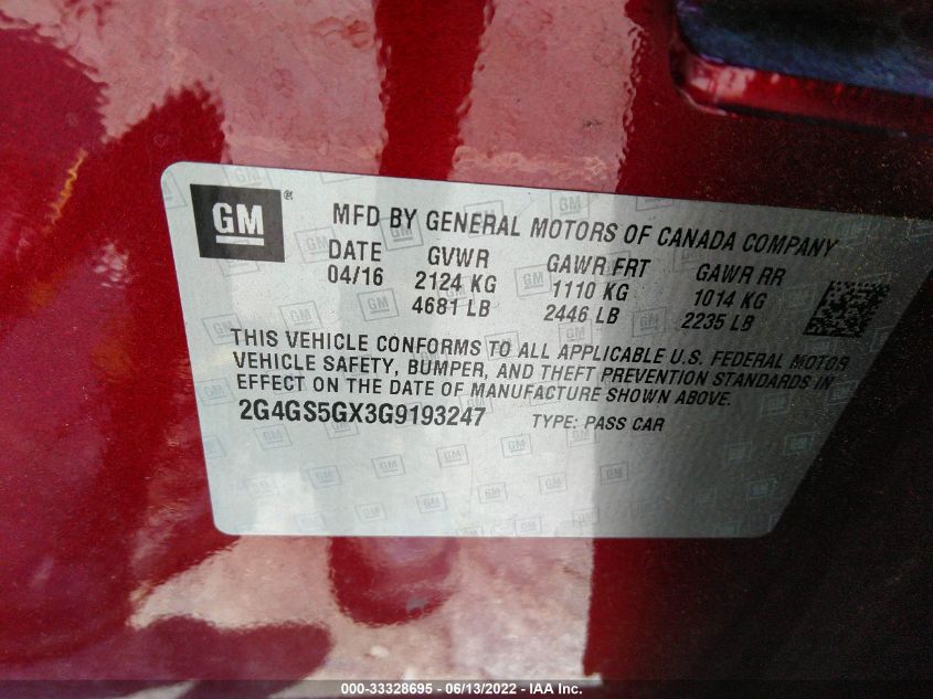 2016 BUICK REGAL PREMIUM II 2G4GS5GX3G9193247